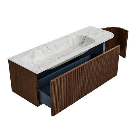 MONDIAZ KURVE-DLUX meuble de salle de bains 135cm avec module 25 R couleur Walnut avec 1 tiroir et 1 porte. Lavabo BIG MEDIUM gauche sans trou de robinet couleur Glace. SW1138041