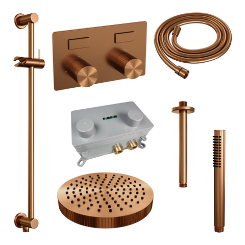 BRAUER Stripe Douche de tête thermostatique encastrée - boutons-poussoirs - SET 33 - pomme de douche 25cm - bras de plafond - douchette à main avec barre coulissante intégrée - flexible de douche - cuivre brossé PVD SW1434936