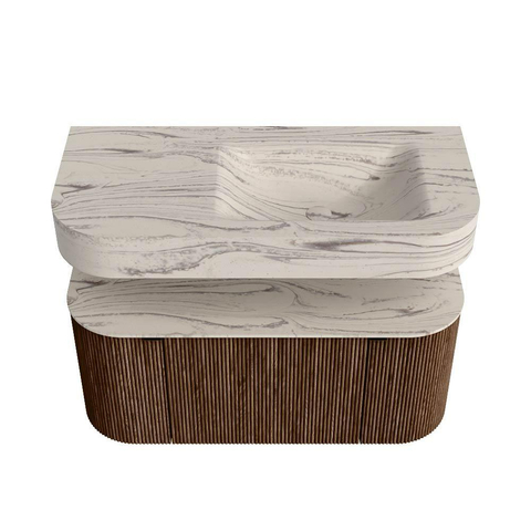 MONDIAZ THOR-DLUX 100cm meuble de salle de bains arrondi gauche + droite couleur Walnut avec 1 tiroir et 2 portes. Vasque suspendue CLOUD droite 1 trou de robinet couleur Nata. SW1467507