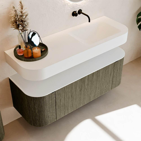 MONDIAZ THOR 130cm meuble de salle de bains arrondi gauche + droite couleur Shadow avec 1 tiroir et 2 portes. Vasque suspendue CLOUD Droite sans trou de robinet couleur Talc. SW1463703