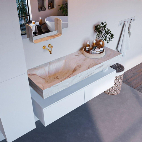 Mondiaz ALAN-DLUX Ensemble de meuble - 130cm - meuble Talc mat - 2 tiroirs - Lavabo Cloud Frappe suspendu - vasque Gauche - 0 trous de robinet SW804781