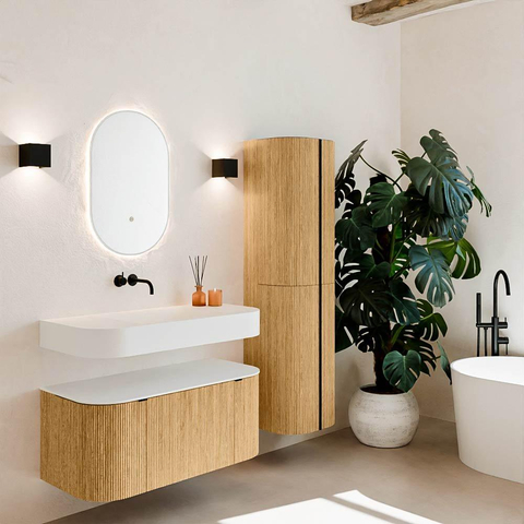 MONDIAZ THOR Meuble de salle de bains 100cm arrondi gauche + droite couleur Oak avec 1 tiroir et 2 portes. Vasque suspendue CLOUD Milieu sans trou de robinet couleur Talc. SW1467296