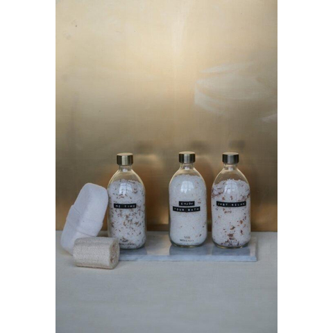 Wellmark Badzout helder glas messing dop 500ml Kamille tekst ENJOY YOUR BATH Black label SHOWROOMMODEL SHOW22635