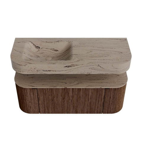 MONDIAZ THOR-DLUX 120cm meuble de salle de bains arrondi gauche + droite couleur Walnut avec 1 tiroir et 2 portes. Vasque suspendue CLOUD gauche 1 trou de robinet couleur Arena. SW1463401