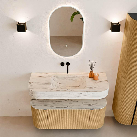 MONDIAZ THOR-DLUX 110cm badmeubel ronding links + rechts kleur Oak met 1 lade en 2 deuren. Vrijhangende wastafel CLOUD Midden zonder kraangat kleur Nata. SW1462968