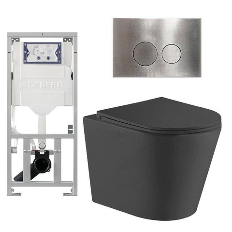 QeramiQ Dely Toiletset - 36.3x51.7cm - diepspoel - rimless - Geberit UP320 inbouwreservoir - met Burda frame - softclose toiletzitting - steel bedieningsplaat - ronde knoppen - mat zwart SW804620