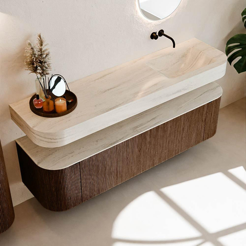 MONDIAZ THOR-DLUX Meuble de salle de bains - 170cm - arrondi gauche + droite - couleur Walnut - 1 tiroir et 2 portes - Vasque suspendue CLOUD droite sans trou de robinet - couleur Meli SW1465740