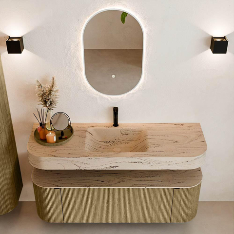 MONDIAZ THOR-DLUX 140cm meuble de salle de bains arrondi gauche + droite couleur Dusk avec 1 tiroir et 2 portes. Vasque suspendue CLOUD Milieu 1 trou de robinet couleur Arena. SW1464379