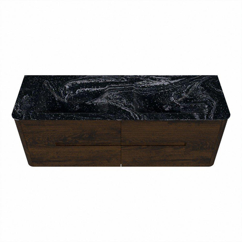 Mondiaz CIRO-DLUX Meuble de salle de bains - 140x45x50cm - Lavabo solid surface Lava - 2 vasques double - 2 trous de robinetterie - 4 tiroirs - Noyer SW1530201