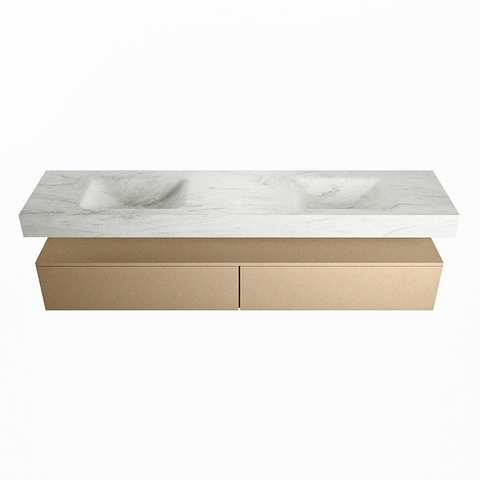 Mondiaz ALAN-DLUX Ensemble de meuble - 200cm - meuble Oro mat - 2 tiroirs - Lavabo Cloud Opalo suspendu - vasque Gauche et droite - 0 trous de robinet SW807031