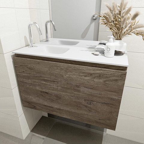 MONDIAZ OLAN Toiletmeubel 80x30x40cm met 1 kraangaten 1 lades dark brown mat Wastafel Lex links Solid Surface Wit SW473494