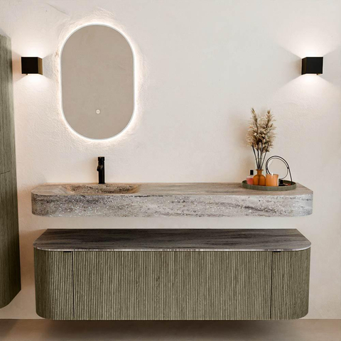 MONDIAZ THOR-DLUX 160cm meuble de salle de bains arrondi gauche + droite couleur Shadow avec 1 tiroir et 2 portes. Vasque suspendue CLOUD Gauche 1 trou de robinet couleur Oza. SW1465313