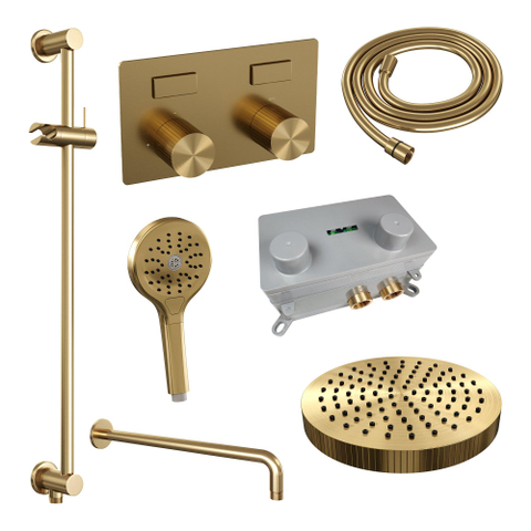 BRAUER Stripe Thermostatische Inbouw Regendouche - drukknoppen - 25cm douchekop - gebogen muurarm - 3-standen handdouche - doucheslang - geïntegreerde glijstang - goud geborsteld PVD SW1435202