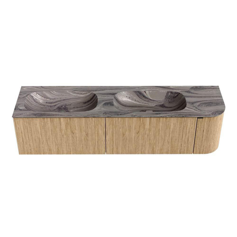 MONDIAZ KURVE-DLUX 175cm badmeubel ronding Rechts kleur Oak met 2 lades en 1 deur. Wastafel STOR SMALL Dubbel / Links zonder kraangat Sombra. SW1433613