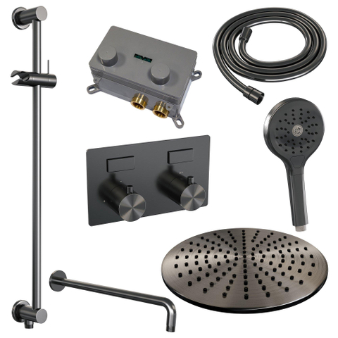 BRAUER Gunmetal Edition ensemble de douche pluie apparent – douche de tête Ø 30 cm – bras mural courbé 39.9 cm – douchette ronde – avec inverseur SW925735