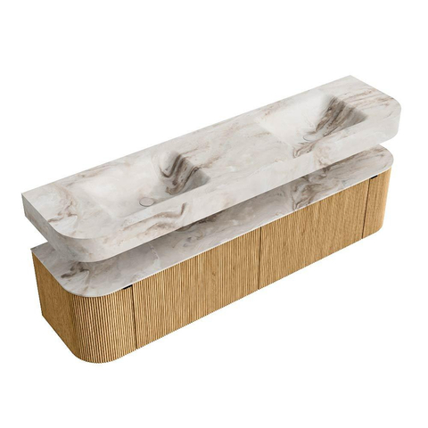 MONDIAZ THOR-DLUX Meuble de salle de bains 190cm arrondi gauche + droite couleur Oak avec 2 tiroirs et 2 portes. Vasque suspendue CLOUD Double 2 trous de robinet couleur Frappe. SW1466363