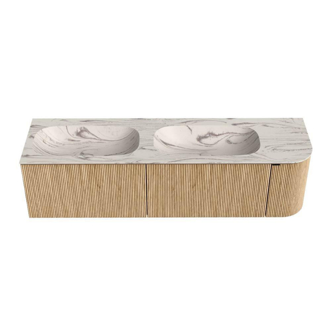MONDIAZ KURVE-DLUX 165cm meuble de salle de bains arrondi Droite couleur Chêne avec 2 tiroirs et 1 porte. Lavabo STOR SMALL Double / Gauche sans trou de robinet Nata. SW1432124