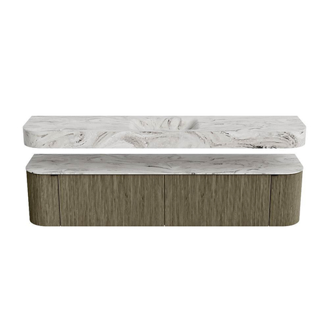MONDIAZ THOR-DLUX 200cm meuble de salle de bains arrondi gauche + droite couleur Shadow avec 2 tiroirs et 2 portes. Vasque suspendue CLOUD Milieu 1 trou de robinet couleur Glace. SW1467715