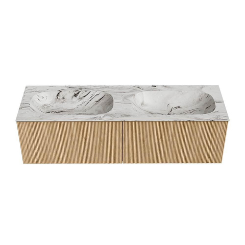 MONDIAZ KURVE-DLUX Meuble de salle de bains 150 cm couleur Oak avec 2 tiroirs. Lavabo STOR SMALL double 2 trous de robinet couleur Glace. SW1138047