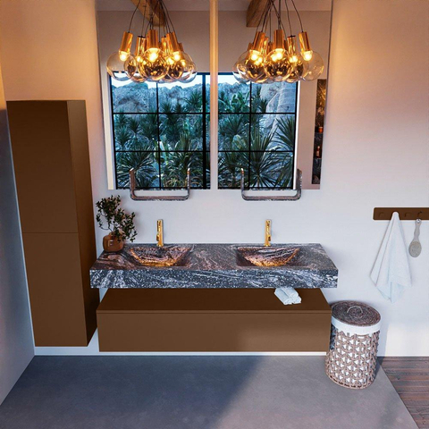 Mondiaz ALAN-DLUX Ensemble de meuble - 150cm - meuble Rust mat - 1 tiroir - Lavabo Cloud Lava suspendu - vasque Gauche et droite - 2 trous de robinet SW808451