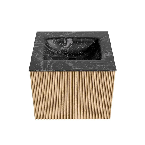 MONDIAZ KURVE-DLUX Meuble de salle de bains 50 cm couleur Oak avec 1 tiroir. Lavabo GRUNNE central sans trou de robinet couleur Lava. SW1138082