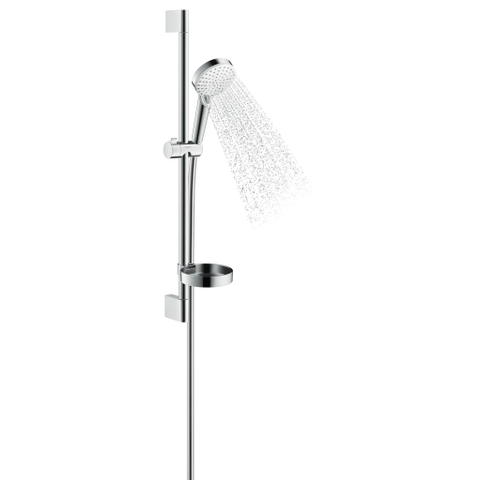 Hansgrohe Crometta Glijstangset - met Crometta Vario - handdouche - met 2 straalsoort - met Casetta zeepschaal 65c - wit chroom SW73216