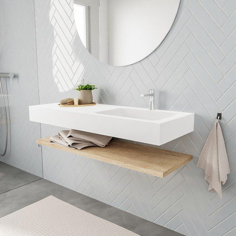 MONDIAZ ALAN 120cm - Ensemble meuble de salle de bains - tablette - chêne blanchi - lavabo suspendu - vasque à droite - 1 trou de robinet - talc SW408773