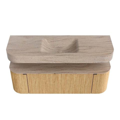 MONDIAZ THOR-DLUX 140cm meuble de salle de bains arrondi gauche + droite couleur Oak avec 1 tiroir et 2 portes. Vasque suspendue CLOUD Milieu sans trou de robinet couleur Saba. SW1464288