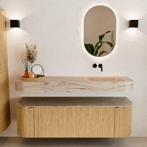 MONDIAZ THOR-DLUX 150cm badmeubel ronding links + rechts kleur Oak met 1 lade en 2 deuren. Vrijhangende wastafel CLOUD Rechts zonder kraangat kleur Arena. SW1464720