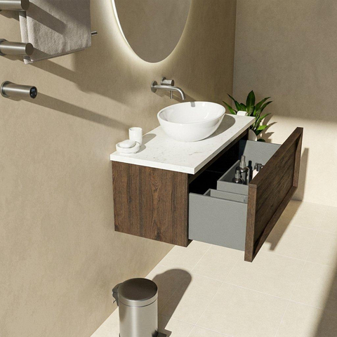 Saniclass Holz Frame Ensemble meuble de salle de bains - 100x45x43cm - Plan vasque en marbre Dia poli (blanc) - sans trou de robinetterie - 1 tiroir - chêne charcoal mat (bois) SW1478344