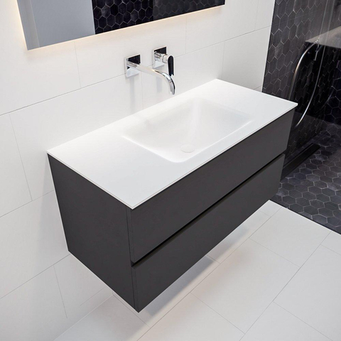 MONDIAZ VICA Ensemble de meuble salle de bain - 100cm - 2 tiroirs - lavabo Cloud au centre - 0 trous de robinet - solid surface gris foncé SW409750