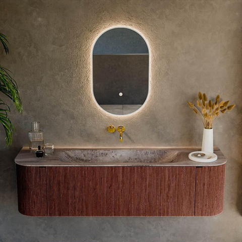 MONDIAZ KURVE-DLUX Meuble de salle de bains 160cm arrondi gauche + droite couleur Ruby avec 1 tiroir et 2 portes. Plan-vasque BIG MEDIUM central sans trou de robinet Oza. SW1432803