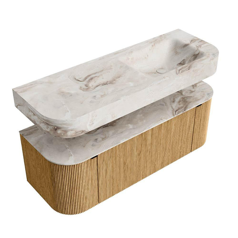 MONDIAZ THOR-DLUX 130cm meuble de salle de bains arrondi gauche + droite couleur Chêne avec 1 tiroir et 2 portes. Vasque suspendue CLOUD Droite sans trou de robinet couleur Frappe. SW1463693