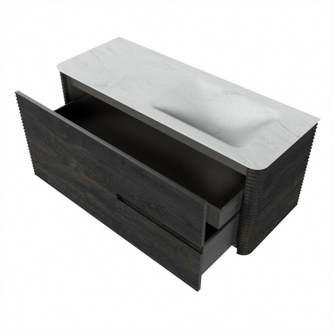 Mondiaz CIRO-DLUX Meuble de salle de bains - 120x45x50cm - Plan-vasque solid surface Opalo - 1 lavabo à droite - 1 trou de robinet - 2 tiroirs - Shadow SW1532401
