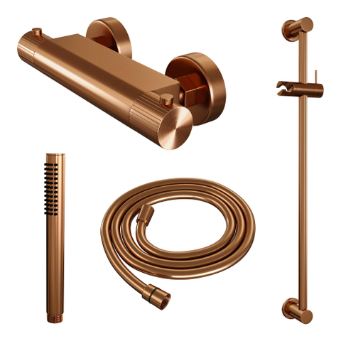 BRAUER Stripe Mitigeur thermostatique douche en saillie - SET 01 - barre coulissante - douchette à main - flexible de douche - cuivre brossé PVD SW1434896