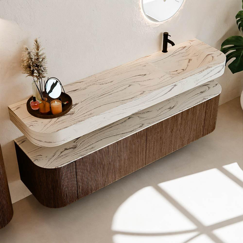 MONDIAZ THOR-DLUX 180cm meuble de salle de bains arrondi gauche + droite couleur Walnut avec 2 tiroirs et 2 portes. Vasque suspendue CLOUD droite 1 trou de robinet couleur Nata. SW1466212
