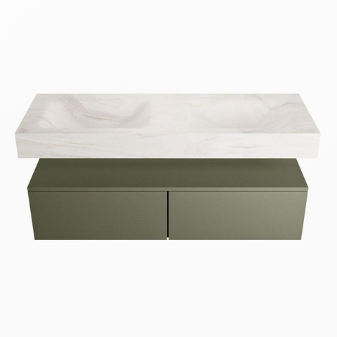 Mondiaz ALAN-DLUX Ensemble de meuble - 130cm - meuble Army mat - 2 tiroirs - Lavabo Cloud Ostra suspendu - vasque Gauche et droite - 2 trous de robinet SW807655