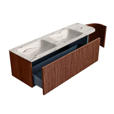 MONDIAZ KURVE-DLUX 145cm badmeubel ronding Rechts kleur Ruby met 1 lade en 1 deur. Wastafel LEAF Dubbel / Links 2 kraangaten Nata. SW1432565