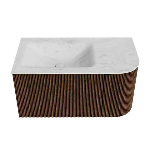 MONDIAZ KURVE-DLUX 85cm badmeubel met module 25 R kleur Walnut met 1 lade en 1 deur. Wastafel CLOUD links 1 kraangat kleur Opalo. SW1137639