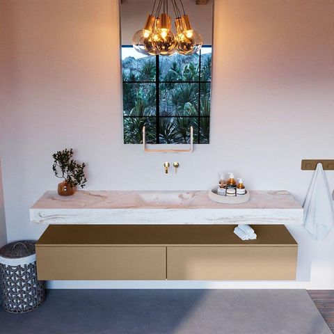 Mondiaz ALAN-DLUX Ensemble de meuble - 200cm - meuble Oro mat - 2 tiroirs - Lavabo Cloud Frappe suspendu - vasque Centre - 0 trous de robinet SW805100