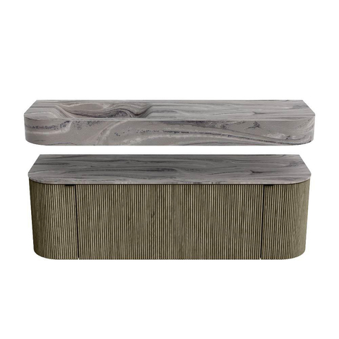 MONDIAZ THOR-DLUX 140cm badmeubel ronding links + rechts kleur Shadow met 1 lade en 2 deuren. Vrijhangende wastafel CLOUD Links 1 kraangat kleur Sombra. SW1464264