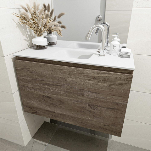 MONDIAZ OLAN Toiletmeubel 80x30x40cm met 1 kraangaten 1 lades dark brown mat Wastafel Lex midden Solid Surface Wit SW473481