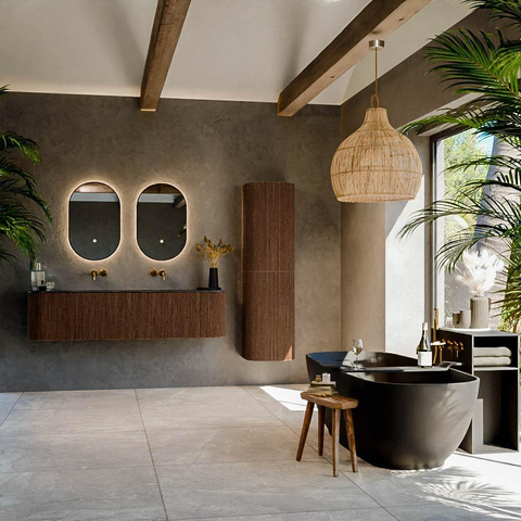 MONDIAZ KURVE-DLUX Meuble de salle de bains 170 cm avec module 25 Len R couleur Walnut avec 1 tiroir et 2 portes. Vasque LEAF double sans trou de robinet couleur Lava. SW1137258
