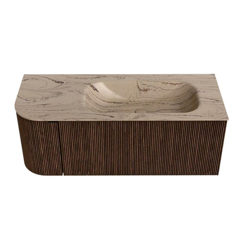 MONDIAZ KURVE-DLUX 115cm badmeubel ronding Links kleur Walnut met 1 lade en 1 deur. Wastafel BIG SMALL Rechts 1 kraangat Arena. SW1431200