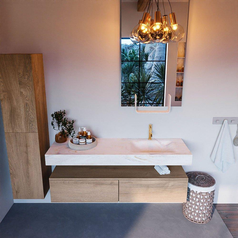 Mondiaz ALAN-DLUX Ensemble de meuble - 150cm - meuble Washed Oak mat - 2 tiroirs - Lavabo Cloud Ostra suspendu - vasque Droite - 1 trou de robinet SW809009