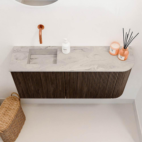 Mondiaz JOYA-DLUX 91.6cm toiletmeubel - ronding rechts kleur Walnut - Wastafel FAYE positie Links Zonder kraangat kleur Glace. SW1422403