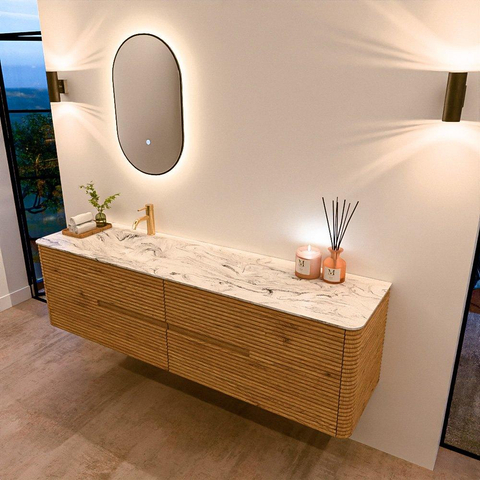 Mondiaz CIRO-DLUX Badkamermeubelset - 180x45x50cm - Solid surface wastafel Glace - 1 wasbak Links - 1 kraangat - 4 lades - Oak SW1530870