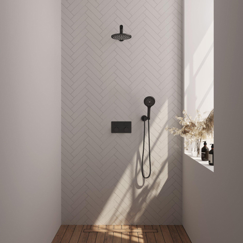 BRAUER Black Edition Douche de pluie thermostatique encastrée - boutons-poussoirs - SET 55 - pomme de douche 20cm - bras mural droit - douchette 3 jets - flexible de douche - coude d'alimentation mural - noir mat SW925422