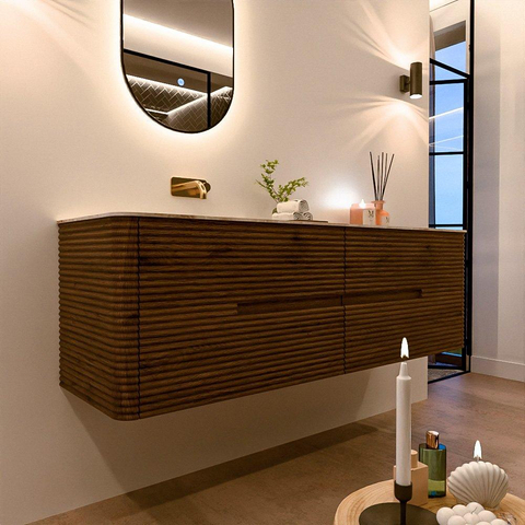 Mondiaz CIRO-DLUX Badkamermeubelset - 160x45x50cm - Solid surface wastafel Frappe - 1 wasbak Links - zonder kraangaten - 4 lades - Dusk SW1533811
