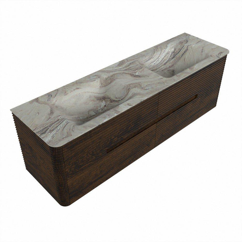 Mondiaz CIRO-DLUX Badkamermeubelset - 160x45x50cm - Solid surface wastafel Glace - 2 wasbak Dubbel - 2 kraangaten - 4 lades - Walnut SW1530127